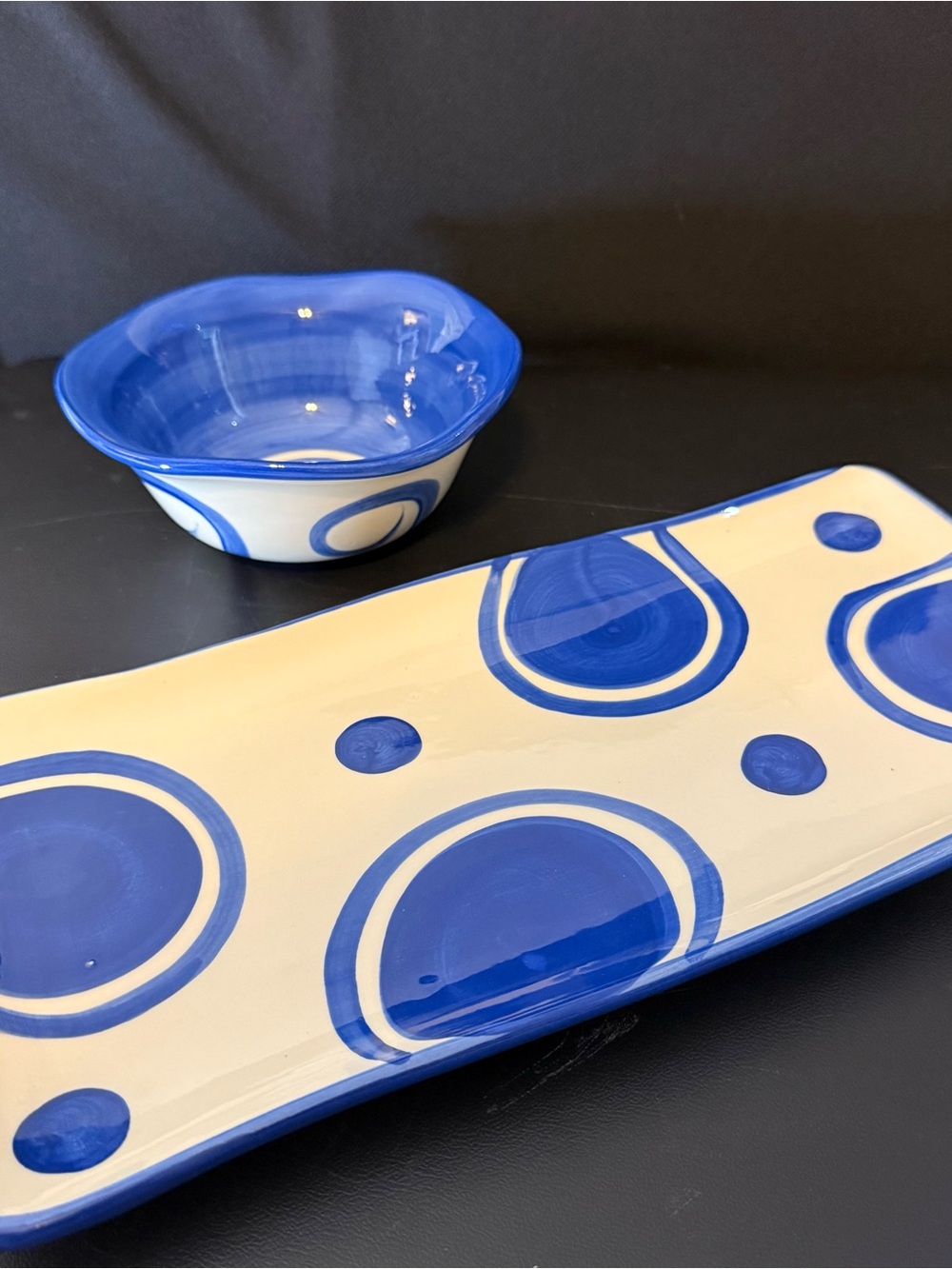 Blue Dot Ceramic Serving Platter and Bowl Set